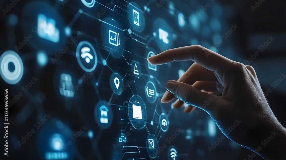 Poster hand touching a digital screen with icons of technology and online network connection, cloud storage
