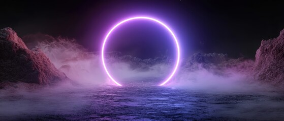 Explore a stunning neon portal set against an autumn landscape, evoking a dreamlike atmosphere with vibrant colors and mystical fog. Perfect for fantasy visuals.