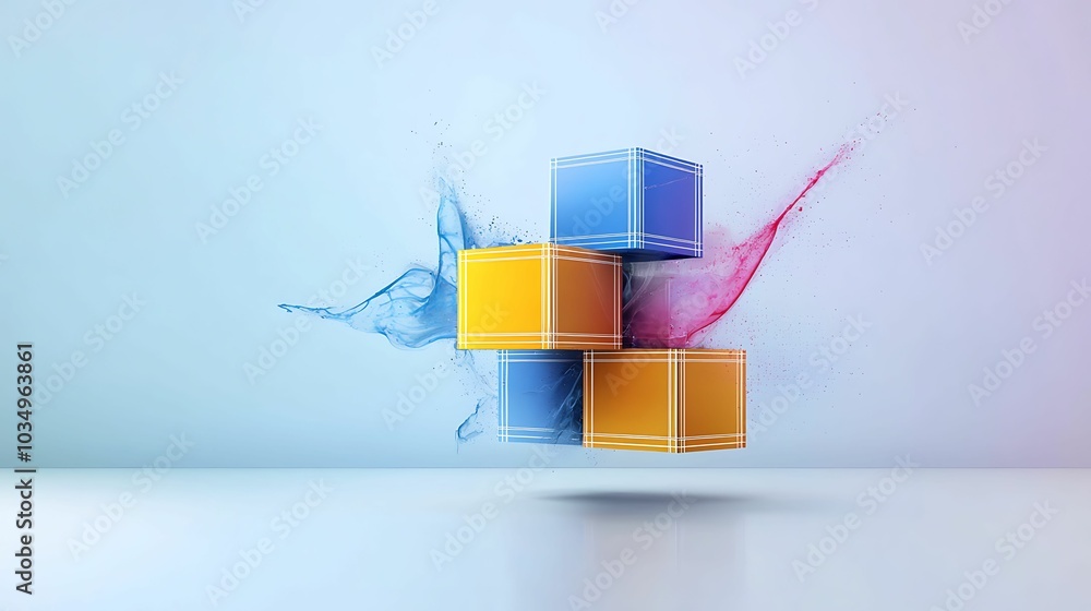 Poster dynamic composition of colorful cubes with fluid motion effects representing creativity and innovati