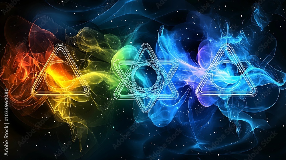 Poster exploring the intersection of light and color a vibrant representation of geometric shapes in a cosm