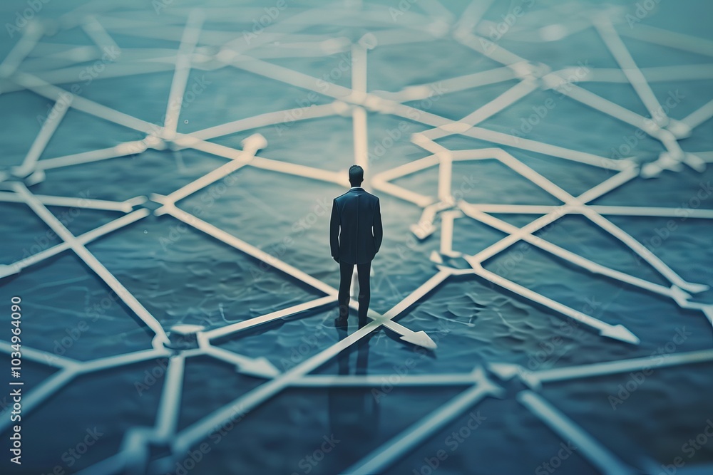Poster a conceptual image of a business executive connected to a network structure via arrows.
