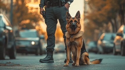 German shepherd with police officer on urban street at sunset, security patrol scene