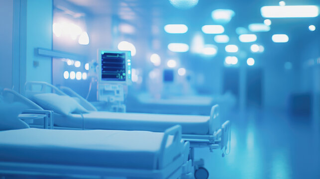 Modern hospital ward with empty beds and advanced medical equipment in blue light