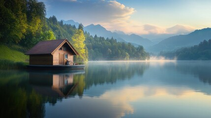 Fototapeta premium Tranquil Lakeside Cabin at Sunrise