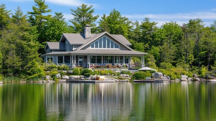 Obraz premium Serene Lakeside Home with Scenic Greenery