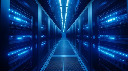 Fototapeta premium Top-down view of server racks in a dimly lit data center, blue LEDs glowing softly, showcasing the complexity and organization of modern tech infrastructure, Futuristic, Symmetrical