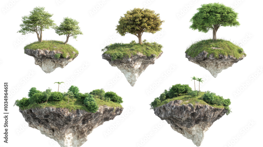 Poster tropical islands with lush trees floating on a transparent background generative ai