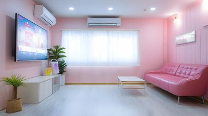 Fototapeta premium Pink Living Room Interior Design with a Sofa, Coffee Table, and Plants