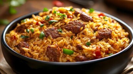 Fototapeta premium Delicious creole jambalaya with savory meat and rice served in a bowl
