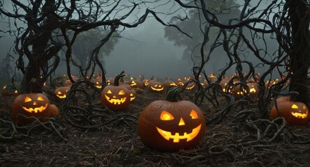 A haunted Halloween-themed pumpkin patch with twisted vines