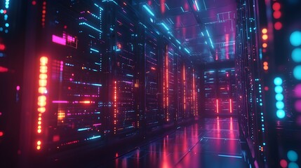 Obraz premium Vivid digital data streams flowing through compact data center modules, showcasing sleek server racks, network devices, and glowing LED indicators in a futuristic environment