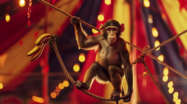 A monkey in a circus tent tightrope walker holding a fake banana