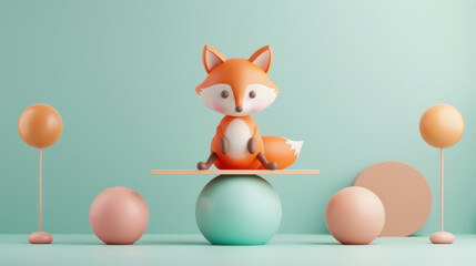 Fototapeta premium Cute Fox Balancing on a Seesaw with Pastel Colored Spheres