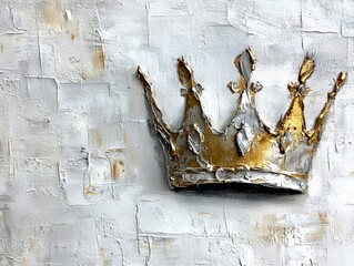 A close-up shot of a detailed pale crown painting, with intricate silver and gold accents, set against a textured canvas background, evoking a sense of elegance