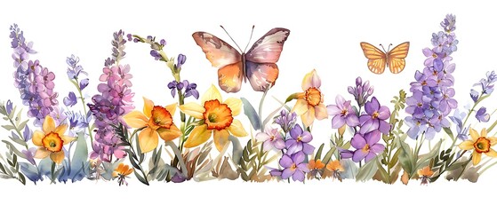 Fototapeta premium Delicate Watercolor Floral Arrangement with Butterflies
