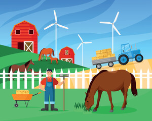 Farmer in a field with horses and a tractor. Vector illustration in flat style.