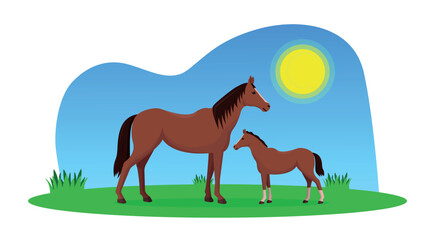 Horse and foal on a meadow with sun. Vector illustration.