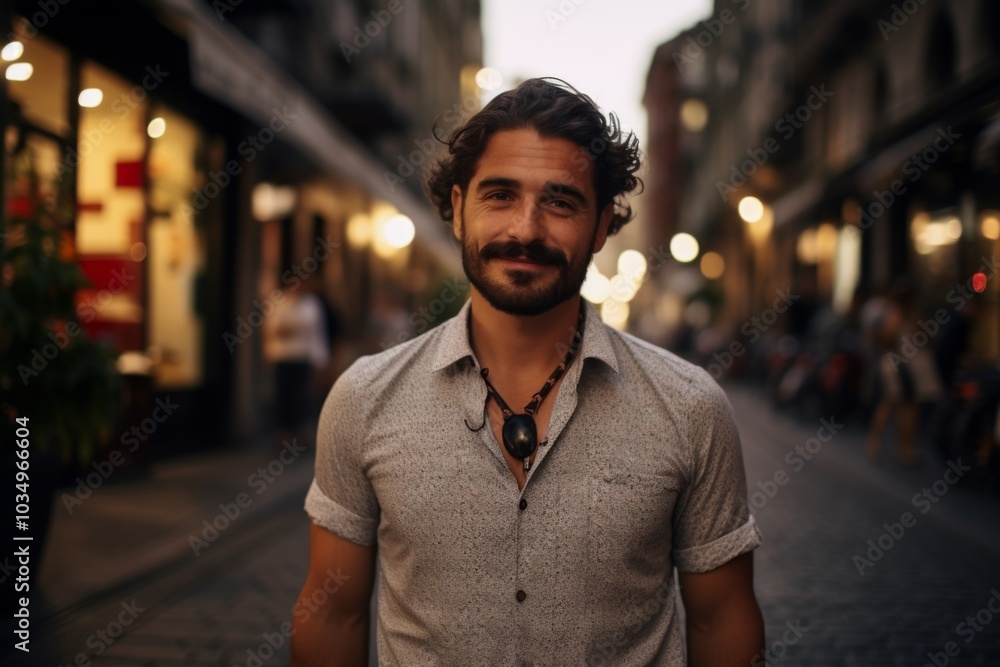 Poster A man with a beard and a necklace is standing on a street