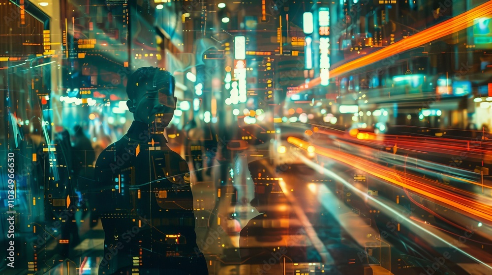 Poster a futuristic multiple exposure image exploring the intersection of time and action in a businessman'