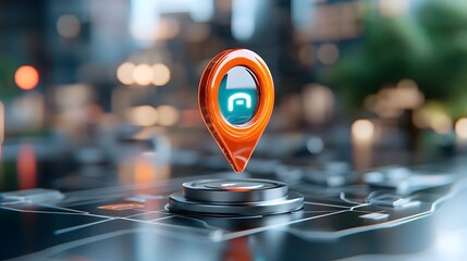 Fototapeta premium Futuristic digital navigation system displayed on the dashboard of an autonomous vehicle Glowing GPS overlay guides the driver through a modern urban cityscape in this 3D rendered