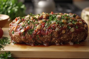 A savory meatloaf garnished with herbs and sauce on a cutting board