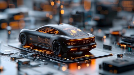 Sleek and advanced 3D of a futuristic car interior featuring a GPS display with a glowing map interface and a sophisticated navigation system showcasing the latest in automotive technology and design