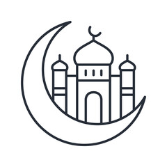 Islamic design icon. Editable moon and masjid line vector illustration.