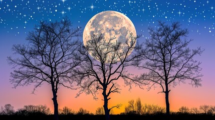 Fototapeta premium Supermoon Silhouetted by Leafless Tree Branches, Casting a Soft Glow and Creating a Mysterious Night Scene with Faint Stars