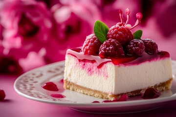 Delicious new york cheesecake topped with fresh raspberries