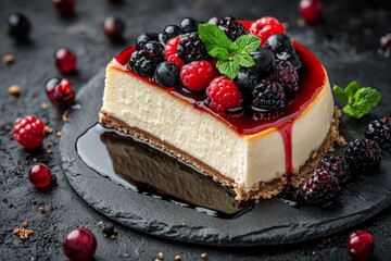 Delicious New York cheesecake topped with fresh berries and sauce