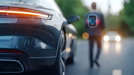 Futuristic 3D of a modern electric vehicle with a sleek innovative design and a holographic GPS map display as part of its advanced navigation system
