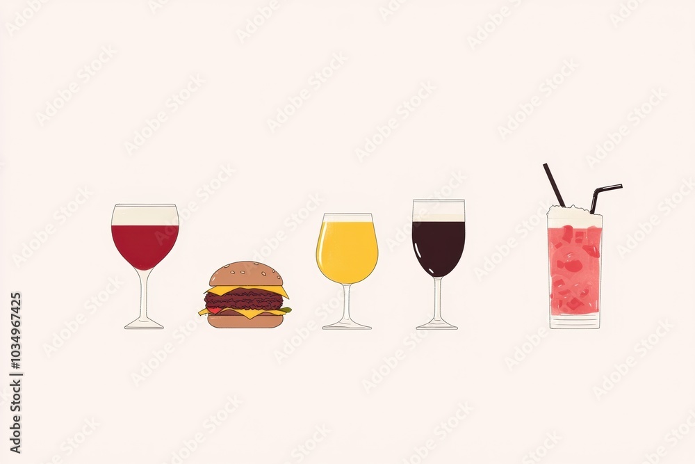 Poster A colorful assortment of drinks and a burger are arranged nicely on a simple, minimalist backdrop, creating a casual atmosphere. Generative AI