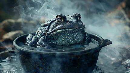 A mystical frog lord in an old tale is cooked in an oven or pot it is covered in liquid and around by fog