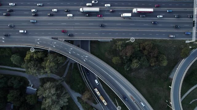 Multi-level highway road in Warsaw, aerial drone view