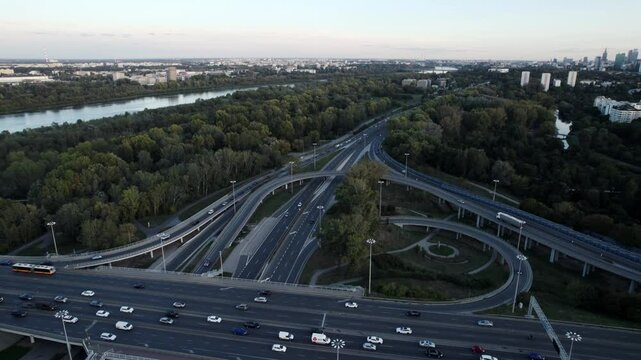S8 highway road junction and Warsaw skyline in background, aerial view