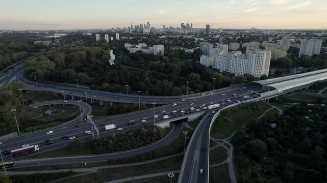 S8 highway junction and skyline of Warsaw, aerial drone view