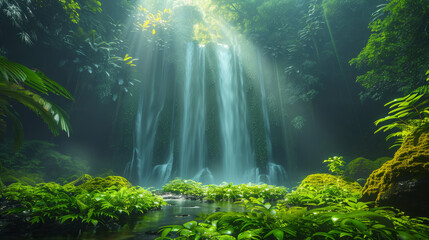 Obraz premium Sunlit waterfall surrounded by dense rainforest foliage and misty atmosphere, Generative AI