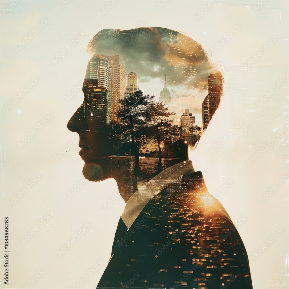 Poster a surreal multiple exposure photograph creating a visually stunning representation of a businessman'