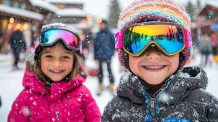 Smiling children in colorful winter gear enjoying snowy day outdoors