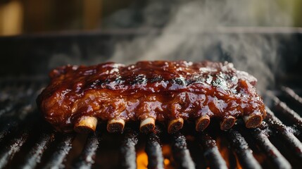 Delicious pork BBQ ribs grilling over hot coals in summer sunshine