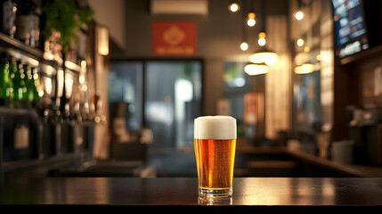 A Refreshing Glass of Beer on the Bartop in a Dimly Lit Pub