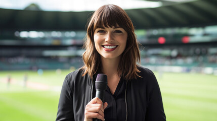 Confident female reporter at sports stadium with microphone ready for live broadcasting