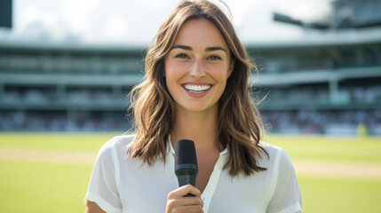 Smiling female sports reporter holding microphone on cricket field at stadium