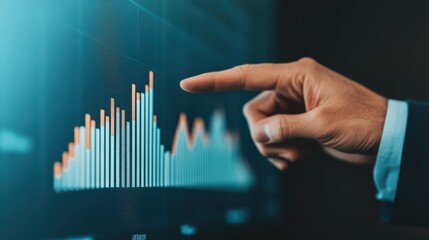 A business professional points at a digital graph, showcasing growth and analysis in a modern office environment.