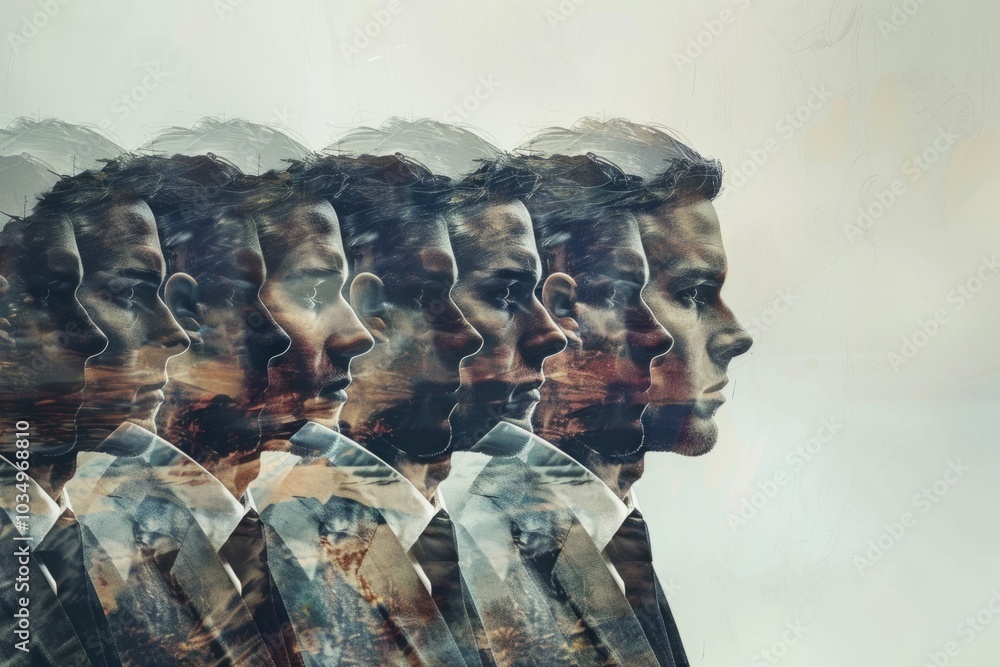 Poster a visually stunning multiple exposure photograph portraying the complexity and depth of a businessma