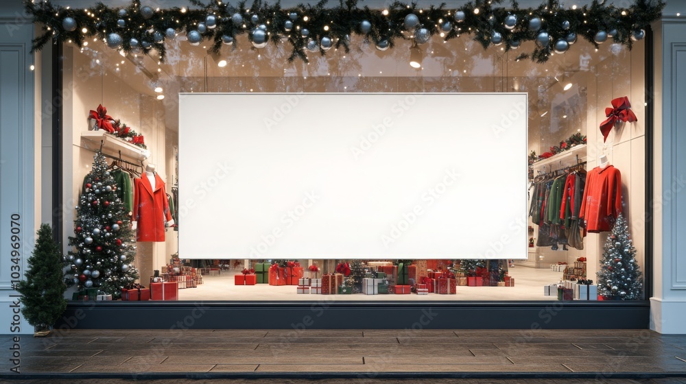 Poster a store window with a large blank sign in the middle, a small christmas tree on the left, and a row 