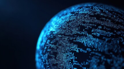 A digital representation of a globe illuminated by blue light, showcasing intricate data patterns and futuristic design elements.