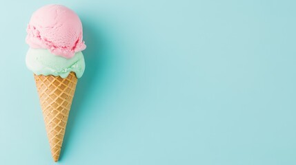 A delicious ice cream cone with pink and green scoops against a pastel blue background, perfect for summer desserts.