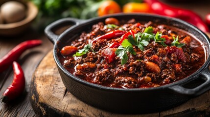 Spicy Texas chili meat soup served in a cast iron pot