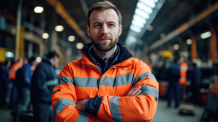 Confident industrial worker in orange safety jacket in busy factory setting